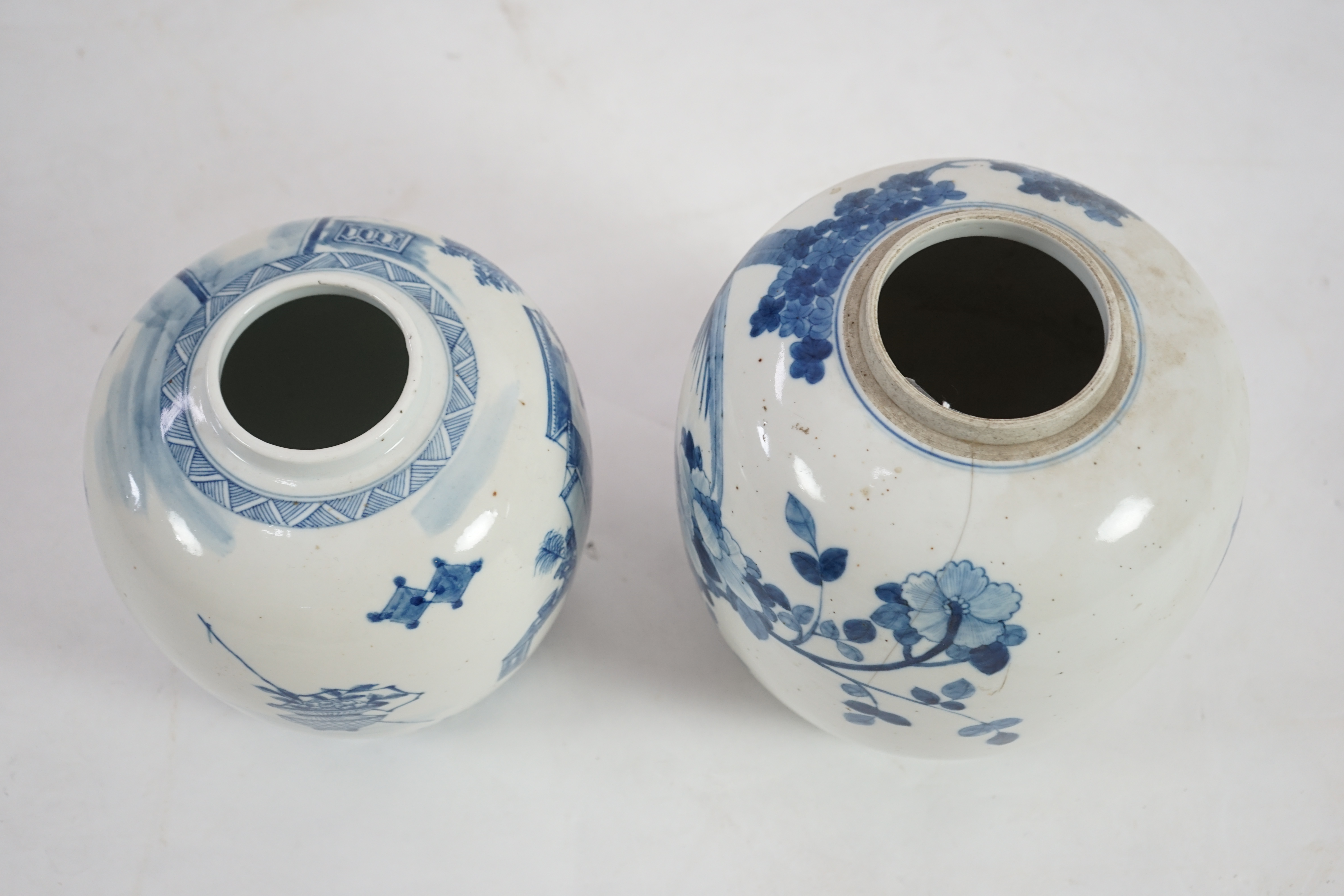 Two Chinese blue and white ovoid jars, one with associated cover, 19th century